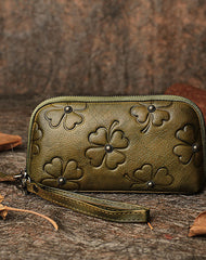 Handmade Clover Tan Leather Wristlet Wallets Womens Zip Around Wallet Ladies Cute Clutch Wallet for Women