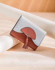 Cutest Women Leather Small Wallet CONTRAST COLOR Billfold Card Wallet with Folding Fan For Women