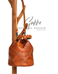 Womens Brown Leather Bucket Shoulder Bag Purse Vintage Split Joint Barrel Round Handbag Crossbody Purse for Women