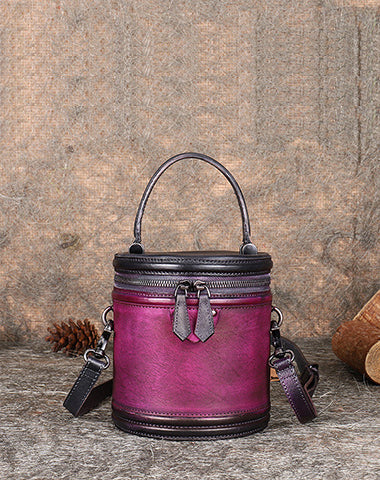 Womens Purple Leather Barrel Handbag Purses Vintage Handmade Round Shoulder Bag Bucket Crossbody Handbag for Women