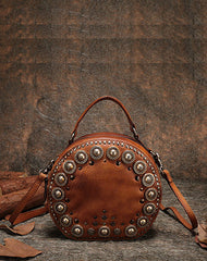 Womens Gray Leather Round Handbag Purses Rivet Round Handmade Shoulder Bag Crossbody Handbag for Women