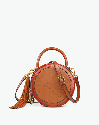Womens Brown Leather Round Handbag Small Crossbody Purse Round Shoulder Bag for Women