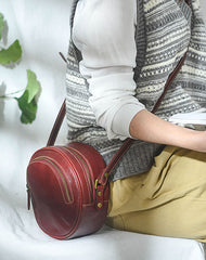 Womens Brown Leather Round Crossbody Bag Handmade Round Small Shoulder Bag for Women