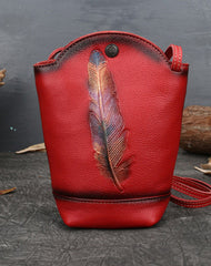Vintage Womens Red Leather Shoulder Bucket Bag leather phone Bucket bag for women Side bag crossbody bag