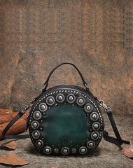 Womens Gray Leather Round Handbag Purses Rivet Round Handmade Shoulder Bag Crossbody Handbag for Women