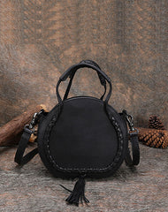 Womens Brown Leather Round Handbag Purses with Tassels Vintage Handmade Round Shoulder Bag Crossbody Handbag for Women