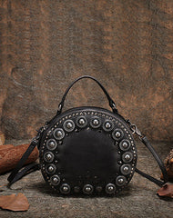 Womens Gray Leather Round Handbag Purses Rivet Round Handmade Shoulder Bag Crossbody Handbag for Women