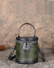 Womens Green Leather Barrel Handbag Purses Vintage Handmade Round Shoulder Bag Bucket Crossbody Handbag for Women