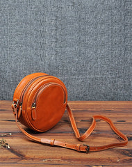 Cute Womens Small Tan Leather Round Crossbody Purse Vintage Round Tan Shoulder Bag for Women