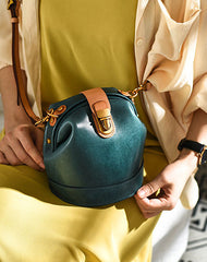 Handmade Womens Blue Leather Doctor Bucket Shoulder Purses Blue Doctor Crossbody Purse for Women