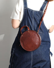 Vintage Womens Coffee Leather Round Handbag Purses - Bill Slots Detail