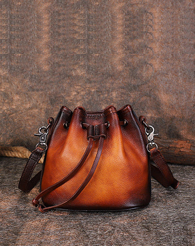 Womens Brown Leather Barrel Crossbody Bag Purse Vintage Round Bucket Shoulder Bag for Women