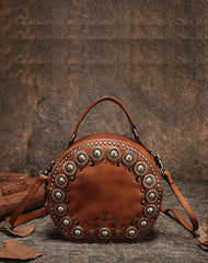 Handmade Womens Green Leather Round Handbag Purses Rivet Round Shoulder Bag Crossbody Handbag for Women
