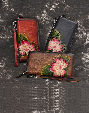 Womens Lotus Flower Leather Zip Around Wallet Wristlet Wallet Flower Ladies Zipper Clutch Wallet for Women