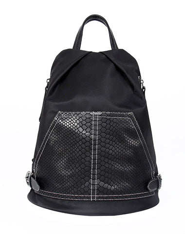 Black Nylon Satchel Backpack Womens Snake Pattern Leather School Backpacks Purse Nylon Leather Travel Rucksack for Ladies