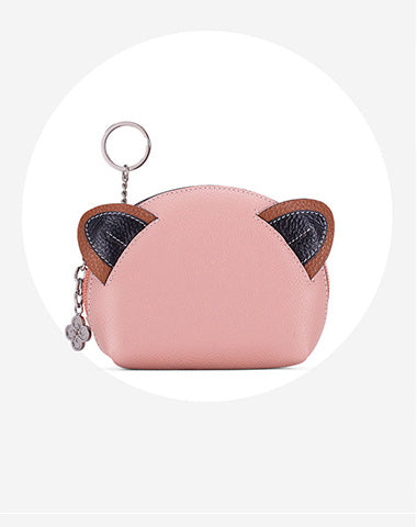 Cutest Women Pink Leather Cat Coin Wallet Small Keychain with Wallet Card Change Wallet For Women