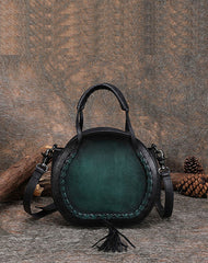 Womens Brown Leather Round Handbag Purses with Tassels Vintage Handmade Round Shoulder Bag Crossbody Handbag for Women