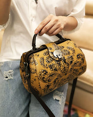 Handamde Womens Black Leather Doctor Handbag Purses Floral Black Doctor Crossbody Purse for Women