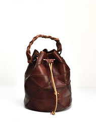 Womens Red Leather Bucket Shoulder Bag Purse Vintage Split Joint Barrel Round Handbag Crossbody Purse for Women