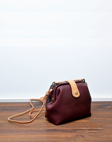 Vintage Womens Dark Red Leather Small Doctor Shoulder Bag Dark Red Doctor Crossbody Purse for Women