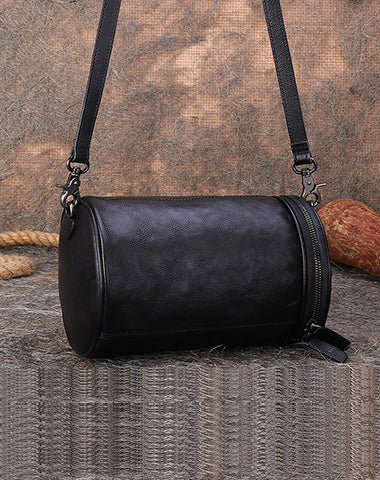 Womens Black Gray Leather Barrel Shoulder Bag Purse Vintage Round Handbag Bucket Crossbody Purse for Women