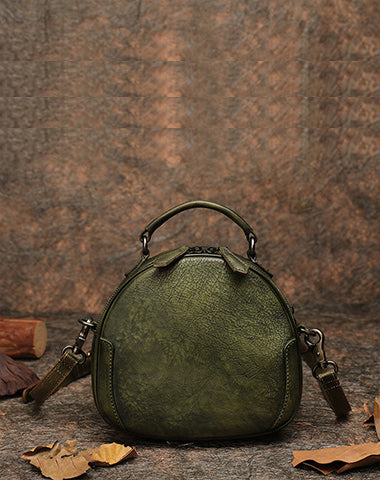 Womens Green Leather Round Handbag Purses Vintage Handmade Round Shoulder Bag Crossbody Handbag for Women