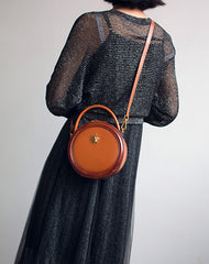 Womens Leather Small Round Handbag Crossbody Purse Round Shoulder Bag for Women