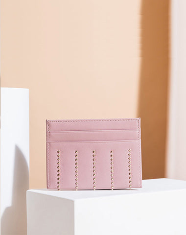 Cute Women Pink Sheepskin Card Holder Slim Card Wallet Card Holder with Rivets Credit Card Holder For Women