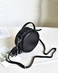Womens Black Leather Round Crossbody Bag Crocodile - Front View