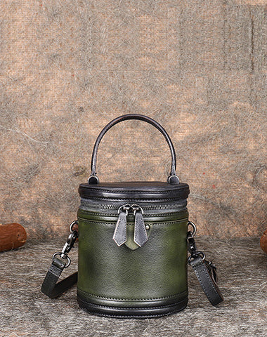 Womens Leather Barrel Handbag Purses Vintage Handmade Round Shoulder Bag Bucket RB03381006