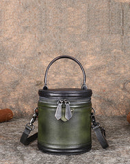 Womens Leather Barrel Handbag Purses Vintage Handmade Round Shoulder Bag Bucket Crossbody Handbag for Women