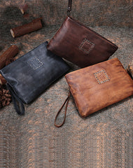 Handmade Womens Coffee Leather Large Wristlet Wallets Zip Clutch Purse Ladies Zipper Clutch Wallets for Women
