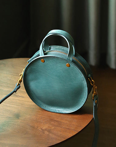 Vintage Womens Blue Leather Round Handbag Purses Blue Round Shoulder Bag Crossbody Handbag for Women