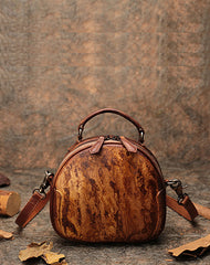 Womens Brown Leather Round Handbag Purses Vintage Handmade Round Shoulder Bag Crossbody Handbag for Women