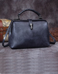 Handmade Dark Blue Leather Handbag Vintage Doctor Bag Shoulder Bag Purse For Women