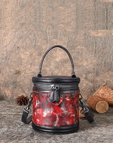 Womens Red Leather Barrel Handbag Purses Vintage Handmade Round Shoulder Bag Bucket Crossbody Handbag for Women