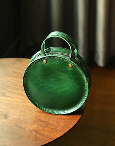 Vintage Womens Green Leather Round Handbag Purses Green Round Shoulder Bag Crossbody Handbag for Women