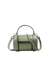 Cute Womens Light Green Leather Barrel Crossbody Purse Round Bucket Handbag Green Shoulder Bag for Women