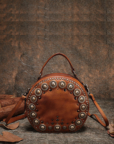 Handmade Womens Brown Leather Round Handbag Purses Rivet Round Shoulder Bag Crossbody Handbag for Women