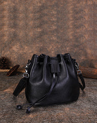 Womens Black Leather Barrel Crossbody Bag Purse Vintage Round Bucket Shoulder Bag for Women