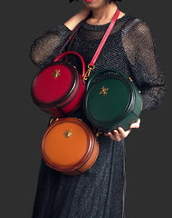 Womens Green Leather Small Round Handbag Crossbody Purse Round Shoulder Bag for Women