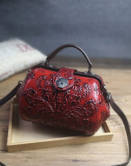 Handamde Womens Black Leather Doctor Handbag Purses Floral Black Doctor Crossbody Purse for Women