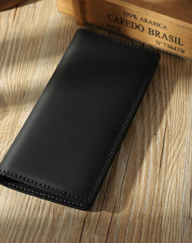 Handmade Black Leather Mens Bifold Long Wallets Personalized Black Checkbook Wallets for Men