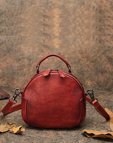 Womens Red Leather Round Handbag Purses Vintage Handmade Round Shoulder Bag Crossbody Handbag for Women