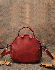 Womens Red Leather Round Handbag Purses Vintage Handmade Round Shoulder Bag Crossbody Handbag for Women