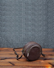 Cute Womens Small Coffee Leather Round Crossbody - Front View
