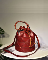 Womens Red Leather Bucket Shoulder Bag Purse Vintage Split Joint Barrel Round Handbag Crossbody Purse for Women