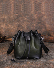 Womens Green Leather Barrel Crossbody Bag Purse Vintage Round Bucket Shoulder Bag for Women