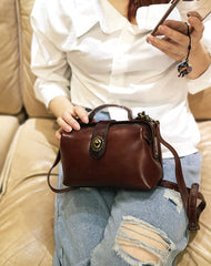 Small Womens Coffee Leather Doctor Handbag Purses Vintage Coffee Doctor Side Purse for Women