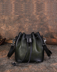 Womens Black Leather Barrel Crossbody Bag Purse Vintage Round Bucket Shoulder Bag for Women